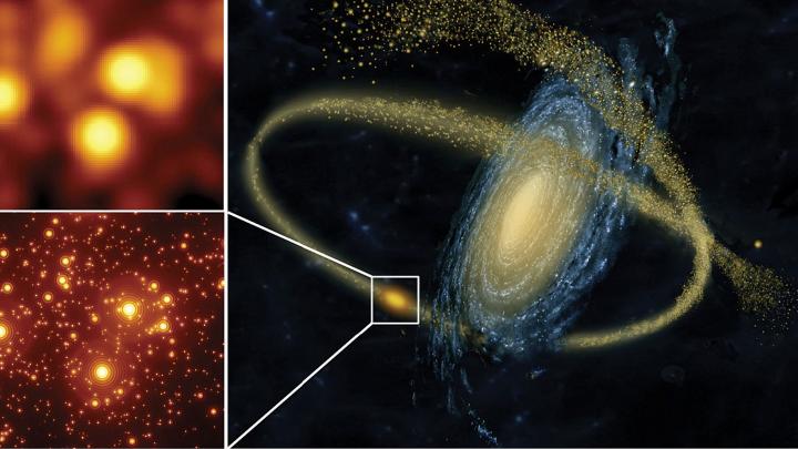 (at right): Artist’s rendering of a small galaxy being disrupted by a larger one and (at left) a simulation showing the gains in resolution obtained by using the GMT’s adaptive optics (to correct for blurring from Earth’s atmosphere) in studying crowded star clusters. 