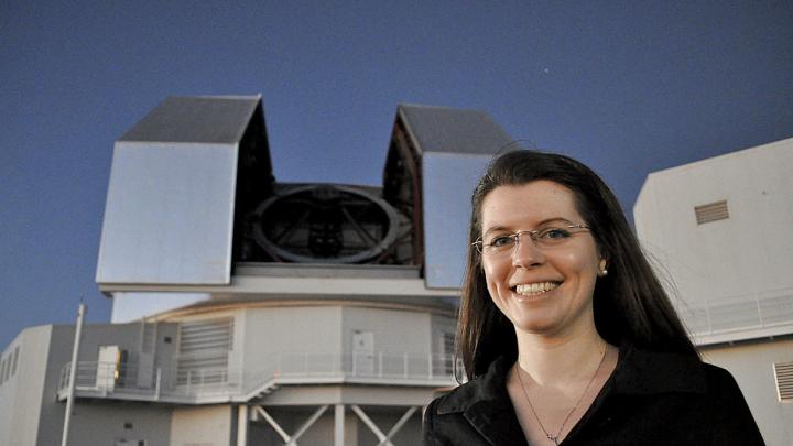 Astrophysicist Anna Frebel, outside and (below) observing at the twin 6.5-meter Magellan telescopes in Chile.