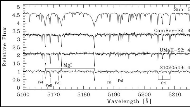 Spectra of the Sun (top line) and the ancient, metal-poor stars she studies