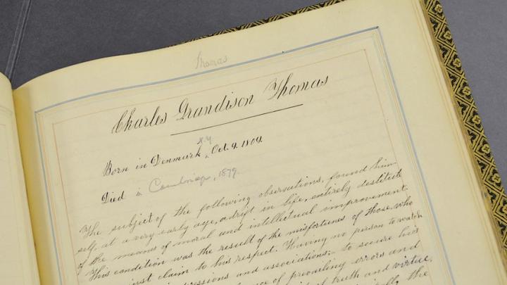 The beginning of Thomas’s entry in the Class of 1838’s Class Book (Harvard University Archives, HUD 238.714)