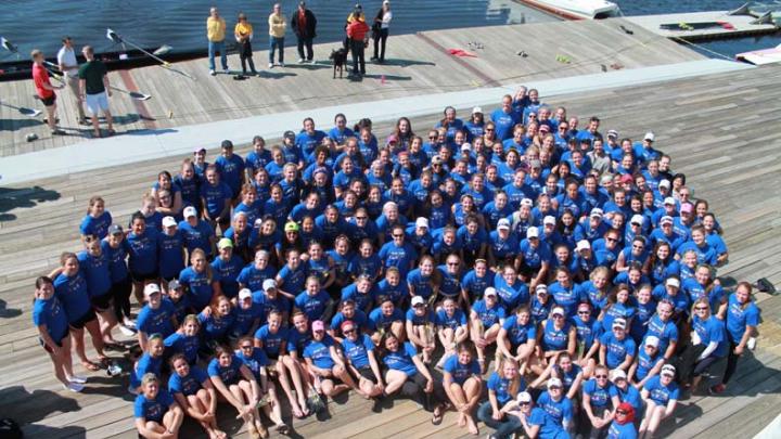 Teams from Boston College, Boston University, Harvard-Radcliffe, Holy Cross, Northeastern, and MIT went head to head in five crew events, all wearing identical “Row For Boston” T-shirts, designed by Corinne Wee ’13. 