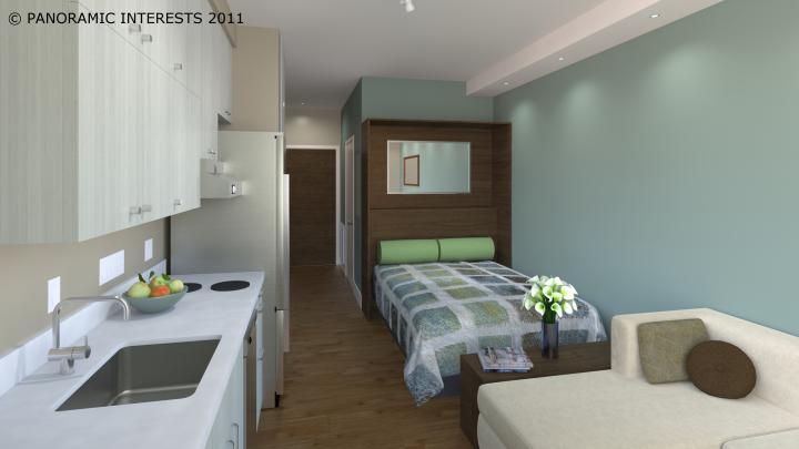 Each “SmartSpace” unit will have a full-sized sofa and refrigerator, a combination washer-dryer hidden in a cabinet, a convection oven, and a hidden microwave.