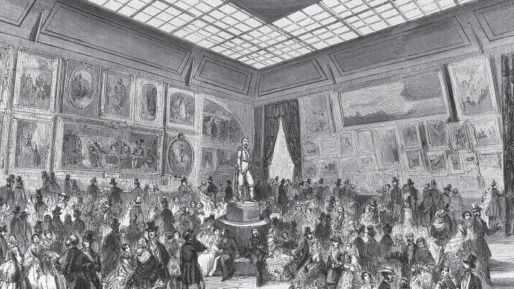An engraving of artworks displayed at the Salon of 1857, held at the Palais de I&rsquo;Industrie in Paris 