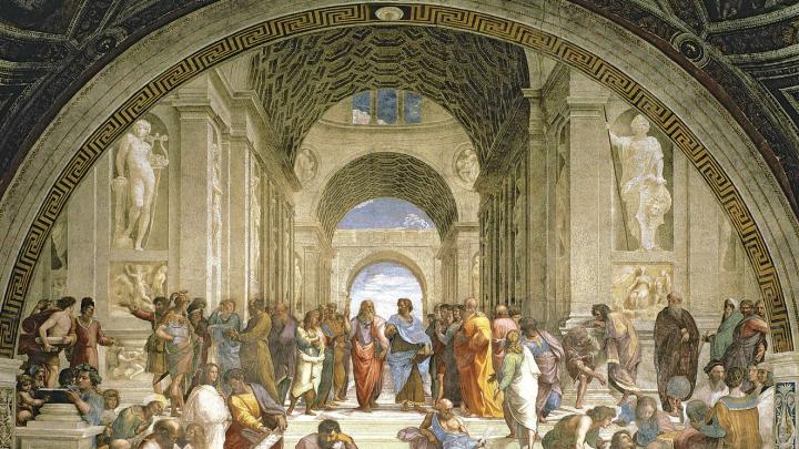 Raphael&rsquo;s famous painting of the School of Athens, with Plato and Aristotle at its center</i> 