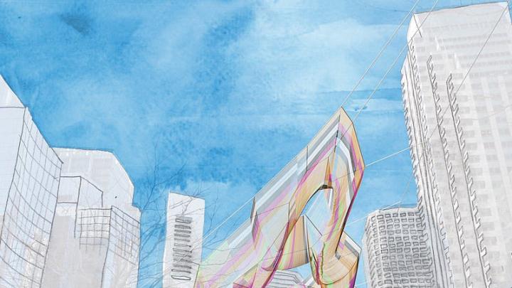 Day rendering of the sculpture that will hang over Boston&rsquo;s Greenway from May to October 2015. Its colored banding evokes the lanes of traffic that ran through the neighborhood before the Big Dig.