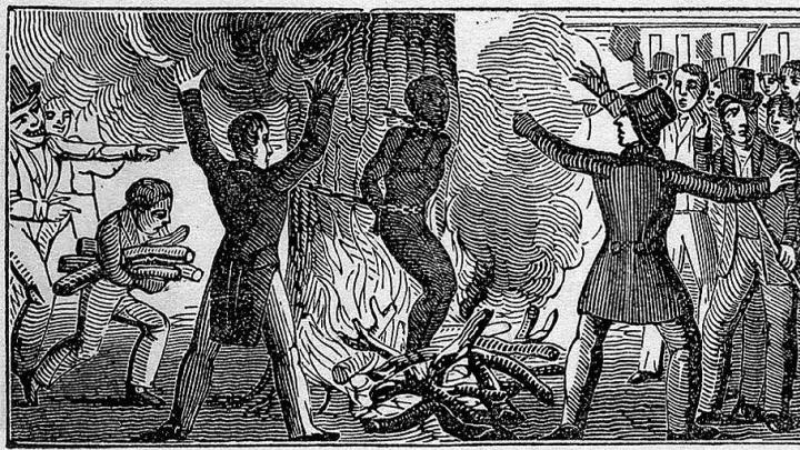 Illustration of the murder of Francis McIntosh in 1836. McIntosh is bound to a tree and burned alive while a mob watches.
