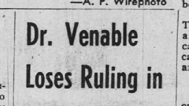 Historic newspaper article headline "Dr. Venable Loses Ruling in Fight for Home" 