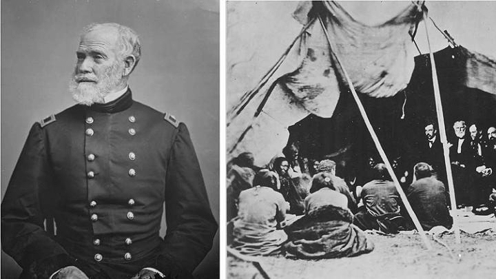 Photograph of General William Harney (at left) and photograph of the negotiating parties of the Sioux Treaty of 1868 under a tent