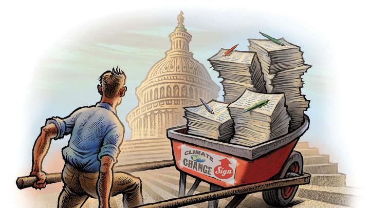 Illustration of a man pushing a wheelbarrow full of petitions up the steps to Congress.