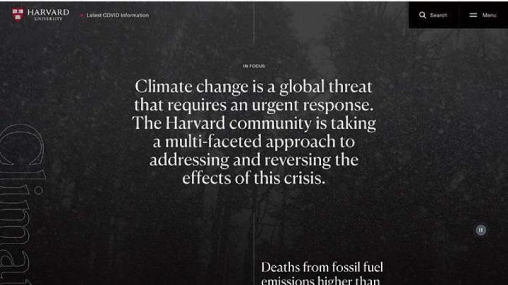 Screen shot of Harvard University home page featuring climate-change stories