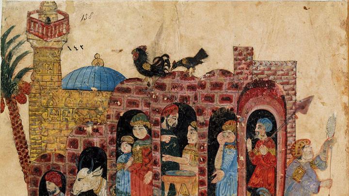 An illuminated manuscript page from thirteenth-century Iraq showing two men on a camel arriving in a village, depicted as two-story white buildings with people looking out the windows