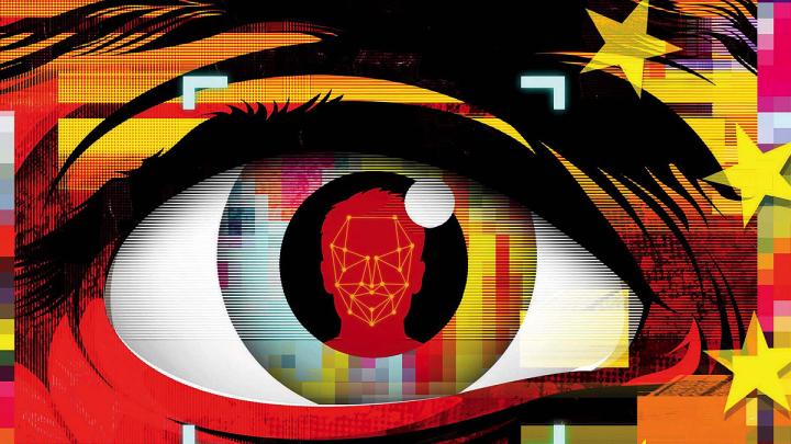 Illustration of an eye superimposed on iconography from the national flag of China