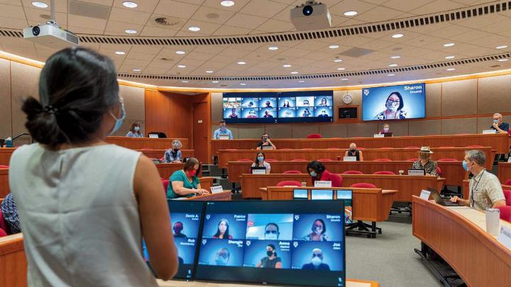 Harvard Business School hybrid classroom for in-person and remote learning