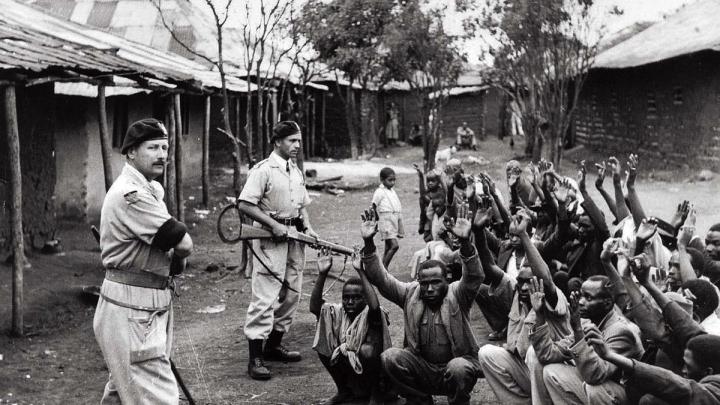 British soldiers and local police searching homes to interrogate subjects during Mau May rebellion, c. 1954