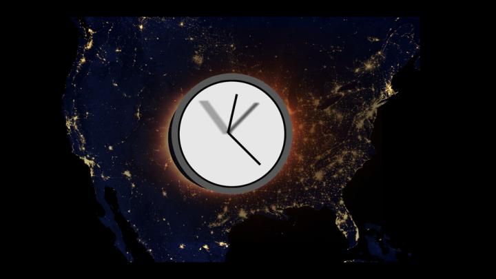 Illustration of a clock in motion over a map of the United States 