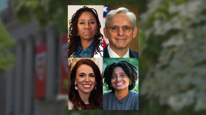 Portraits of Sherrilyn Ifill, Merrick B. Garland, Tracy K. Smith, and Jacinda Ardern, Harvard Commencement and alumni speakers 2022