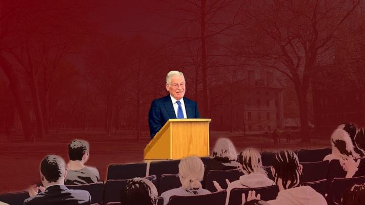 Montage of Harvey Mansfield at the podium with students in the foreground and the Yard in the background