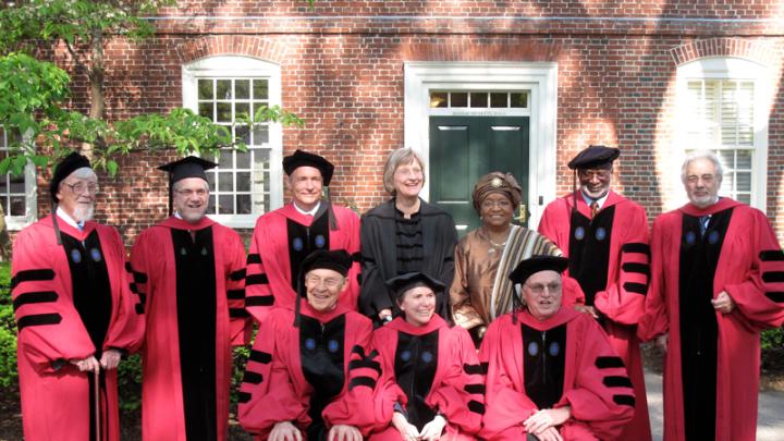 The 2011 Honorary Degree Recipients. Back row from left: John G.A. Pocock, Provost Steven Hyman, Sir Timothy John Berners-Lee, President Drew Faust, Her Excellency Ellen Johnson Sirleaf, David Satcher, and Plácido Domingo. Front row from left: Dudley Herschbach, Rosalind Krauss, and James R. Houghton. Not pictured: The Honorable Ruth Bader Ginsburg