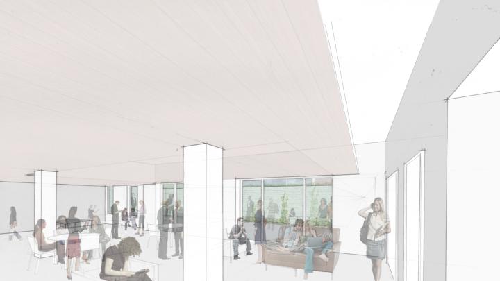 A rendering of the new multipurpose social and academic space to be created in the lower level of Old Quincy, looking toward the exterior terrace; the space is shown to the right in the architect's floorplan for the renovation of that lower level (click second thumbnail below).