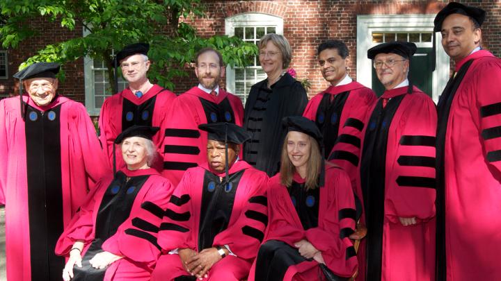 The 2012 honorary-degree recipients. Back row from left: Walter Kohn, John Adams, Provost Alan Garber, President Drew Faust, Fareed Zakaria, Mario Molina, and K. Anthony Appiah. Front row from left: Gillian Beer, John Lewis, and Wendy Kopp