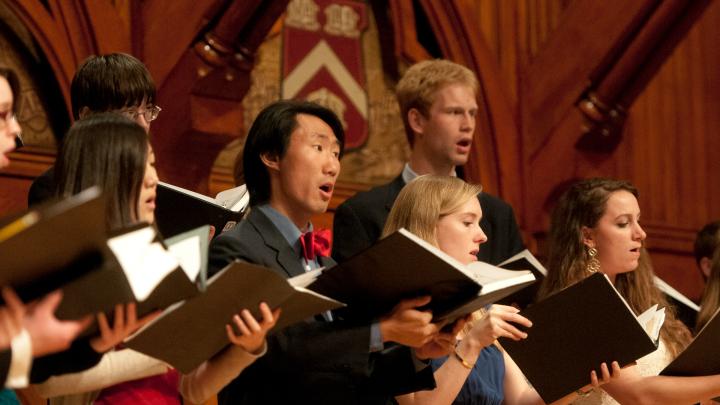 The student Harvard-Radcliffe Collegium Musicum performs during the Literary Exercises.
