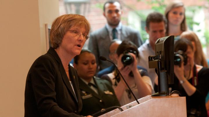 President Drew Faust, in remarks at the ROTC commissioning ceremony, said that too many Americans do not fully understand what they are asking of their military.