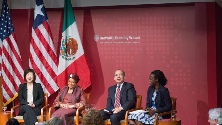 Left to right: M.P.P. candidate Jieum Baek, Ellen Johnson Sirleaf, president of Liberia,  Felipe Calderón, former president of Mexico, and M.P.A. candidate Amandla Agoro Ooko-Ombaka