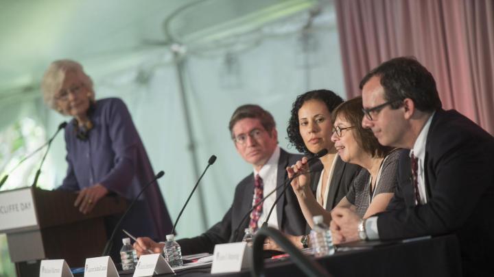 The panel (from left to right): Margaret H. Marshall (at podium), Michael Klarman, Lauren Sudeall Lucas, Linda Greenhouse, and John Manning