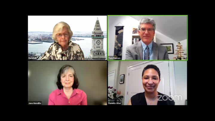 Screenshot of the four speakers: Margaret Marshall, Tom Putnam, Danielle Allen, and Jane Mendillo.