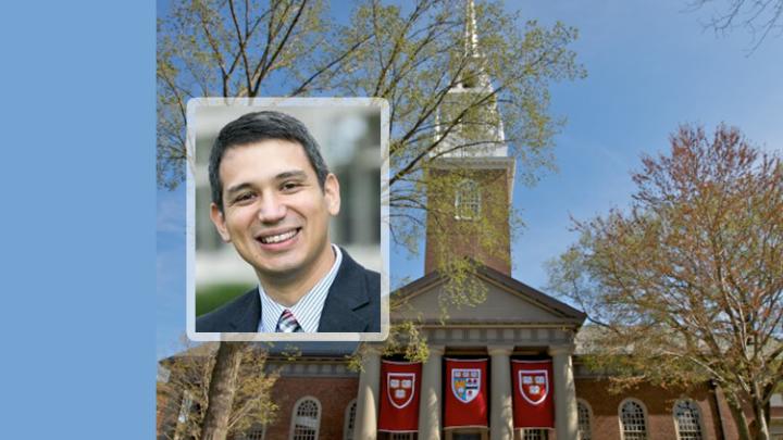 Matthew Potts portrait over photograph of Memorial Church in the background