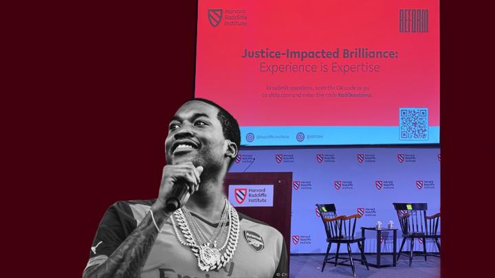 A photo of rapper Meek Mill next to an empty stage displaying the name of the panel