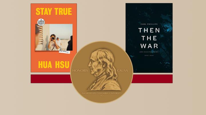 An image of the covers for Stay True and Then the War, overlaid with a gold Pulitzer Prize medal