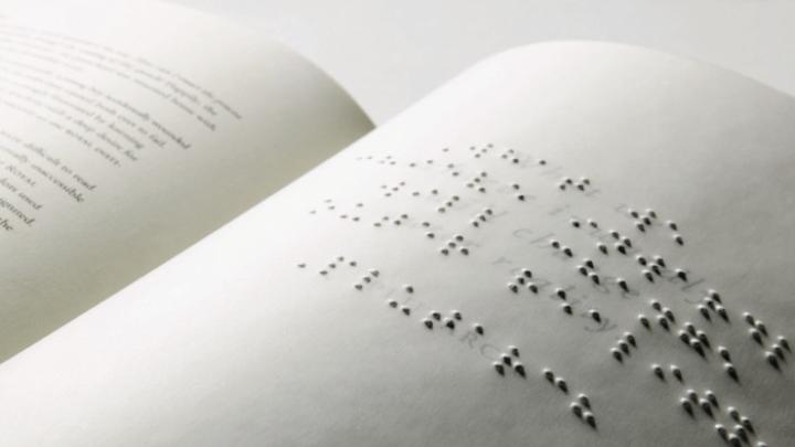 This special edition of J.K. Rowling’s Commencement address, with wooden case and hand-embossed Braille  (below), was crafted by Francie Randolph (left).