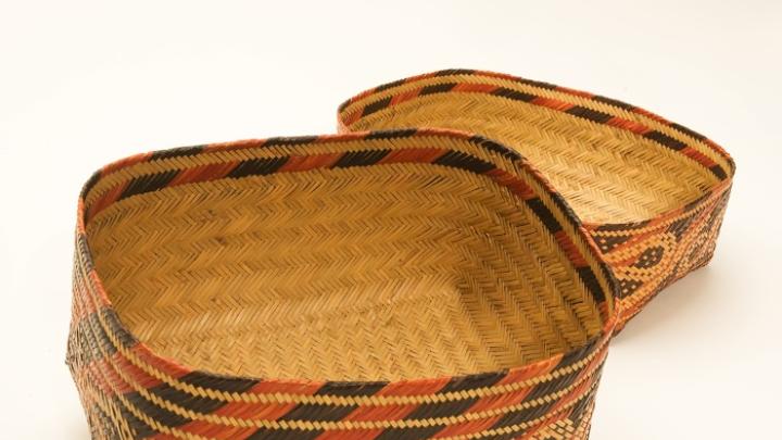The interior of the "Alligator Guts" patterned basket, displaying the intricate double-weave technique that produces a basket in two continuous layers of cane, one inside the other