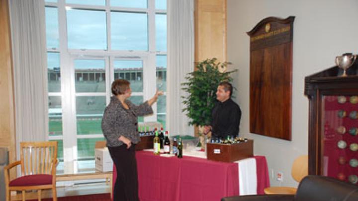 A view of the Murr Center Lounge overlooking Harvard Stadium.