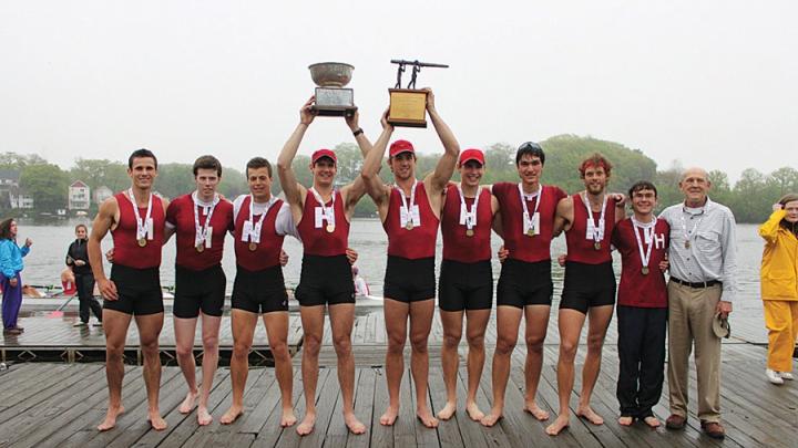 At the Eastern Sprints in Worcester, Harvard’s heavyweights celebrate their win.