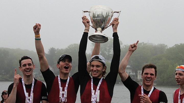 At the Eastern Sprints in Worcester, Harvard’s lightweights celebrate their win.
