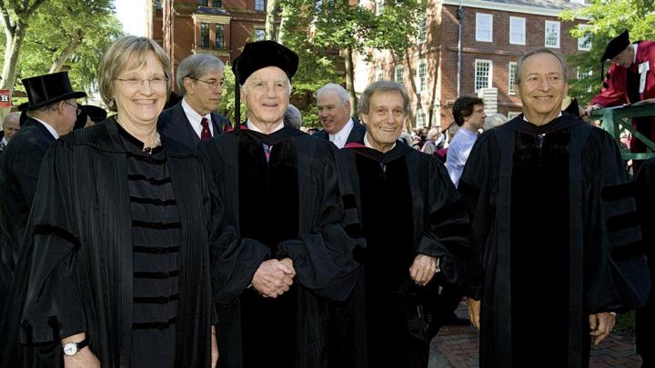 Presidential quartet: Drew Faust, Derek Bok, Neil Rudenstine, and Lawrence Summers.