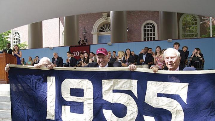 <b>The Blue Classes:</b> The Class of 2012 has revived the "class color" tradition (see "<a href="http://harvardmagazine.com/2009/11/harvard-class-colors-and-trademark-clothing">Curious Colors</a>"); theirs is blue. On Class Day, members of the class of 1955 displayed their class banner (also blue) to honor the graduating seniors and guest speaker Barney Frank, whose College class (1961) is blue, too.