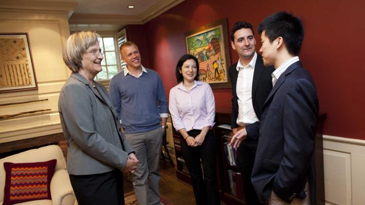 Grand-prize winners of the Harvard University President’s Challenge for social entrepreneurship meet with President Drew Faust. Team Vaxess Technologies includes (from left) Michael Schrader, Kathryn Kosuda, Livio Valenti, and Patrick Ho.