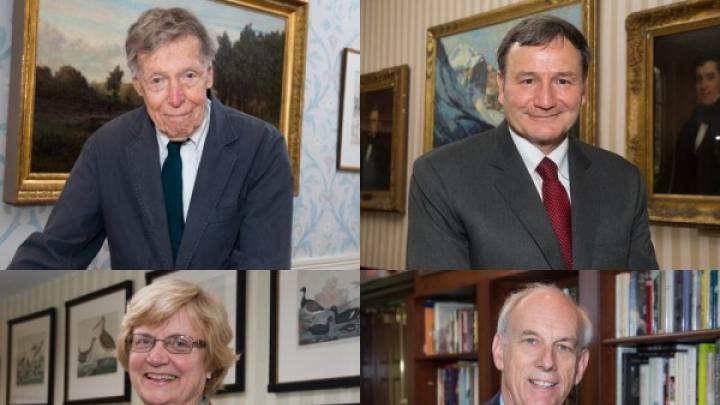Top row, from left: Daniel Aaron and Karl Eikenberry. Bottom row, from left: Nancy Hopkins and Robert Keohane