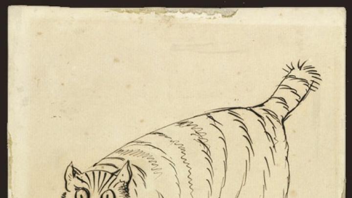 A companion of Lear from 1872 to 1887, Foss (or Phos, as Lear calls him in this sketch) was named after a big cougar-like carnivore of Madagascar. Ink on paper.