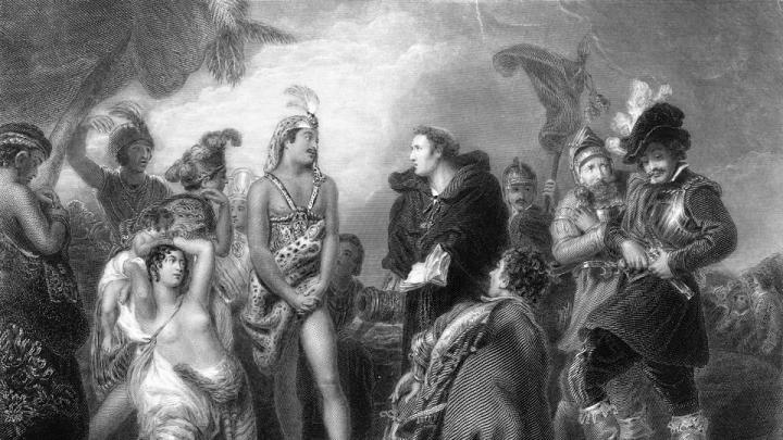An imagined scene of a meeting between a Spanish expeditionary party and a group of indigenous South Americans. 