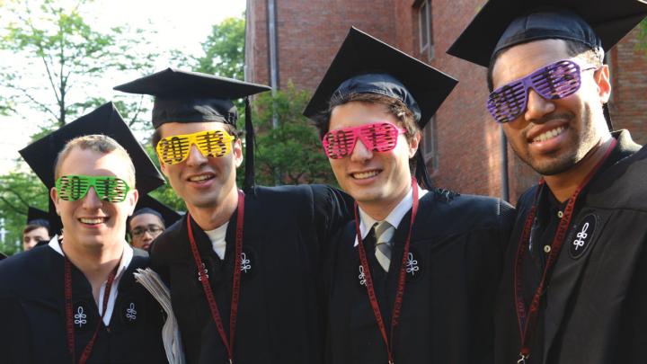 Nearing the end of the rainbow: Winthrop House comrades and imminent graduates (from left) Nicholas L. Moore, Andrew K. Cohen, Blaine Bolus, and Yusef Jordan