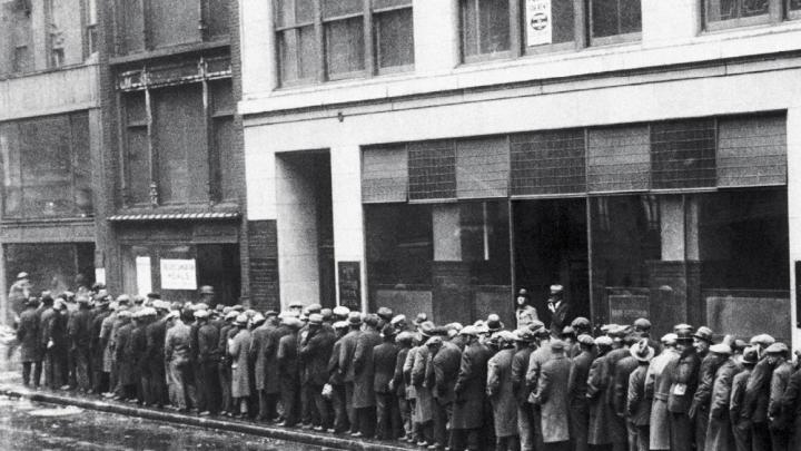 A disaster made worse by ill-informed policies: unemployed workers on a Great Depression bread line, c. 1930 