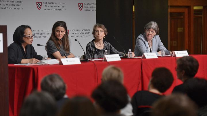 Discussing women writers were (from left) novelist Gish Jen, editor Elisabeth Schmitz, editor Ann Hulbert, and novelist Claire Messud.