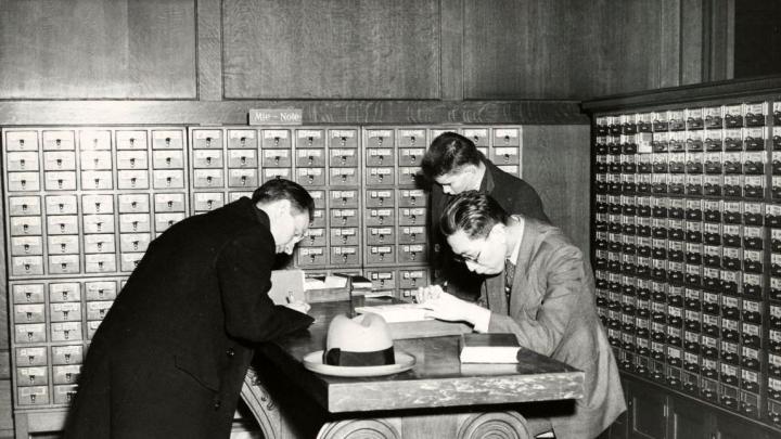 Before HOLLIS, students had to consult row upon row of card catalogs to find a book’s call number.