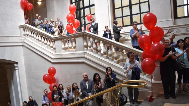 Visitors who came to celebrate Widener’s centennial sang “Happy Birthday” in the library’s main hall.