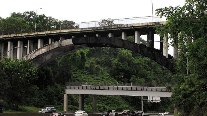 A substructure protects motorists from falling concrete until Pittsburgh&rsquo;s 1922 Beechwood Boulevard Bridge is rebuilt.