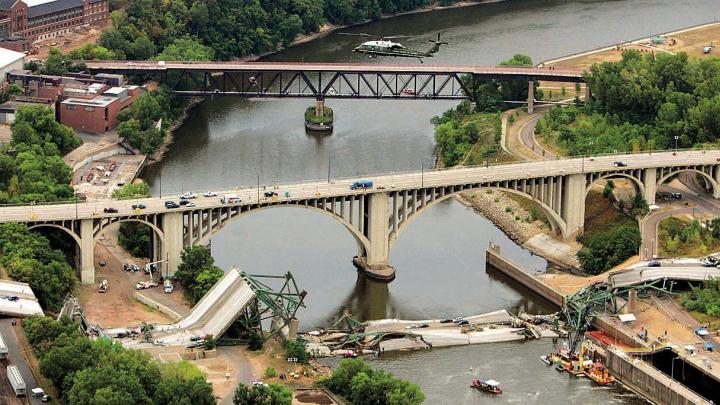 The I-35 bridge collapse in Minneapolis (2007), resulting from a design flaw and heavy loads